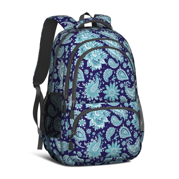 Paisley and Floral Blue Pattern Cute School Backpack Bag with Padded Back and Adjustable Shoulder Straps 16.9 X 12.6 X 5.9 Inches