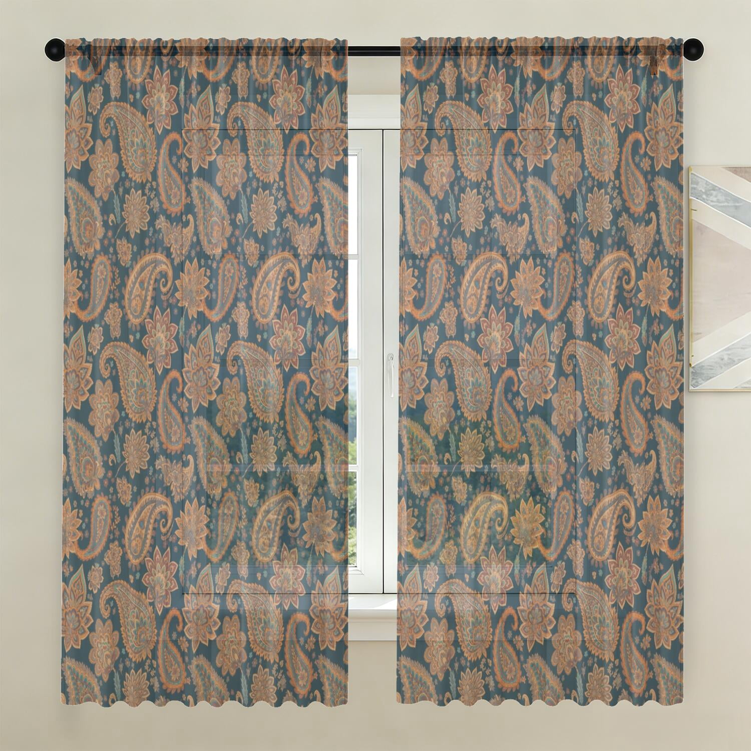 Turing Pattern Blue Paisley and Floral Blue Pattern Sheer Curtains, Rod Pocket Sheer Drapes ...