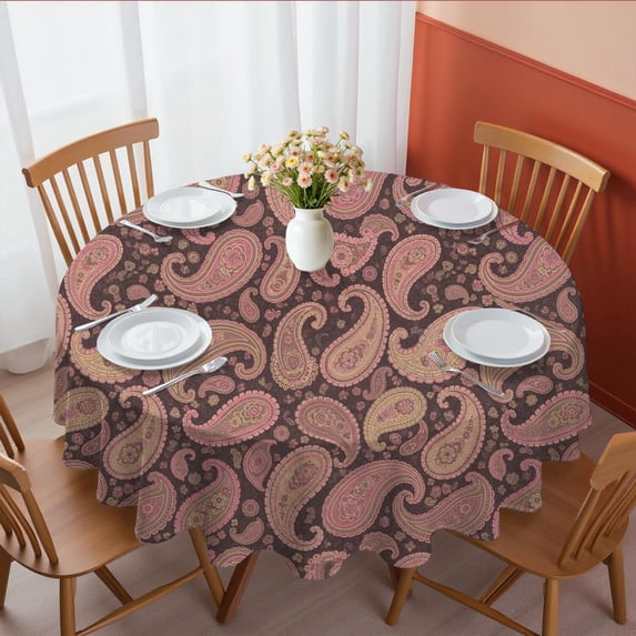 Paisley and Floral Brown Pattern Round Tablecloth 60"x60", Wrinkle Resistant Wipeable Table Cover for Kitchen Dining Room Picnic Patio and Party