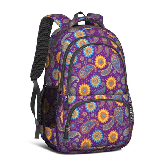 Paisley and Floral Purple Pattern Cute School Backpack Bag with Padded Back and Adjustable Shoulder Straps 16.9 X 12.6 X 5.9 Inches