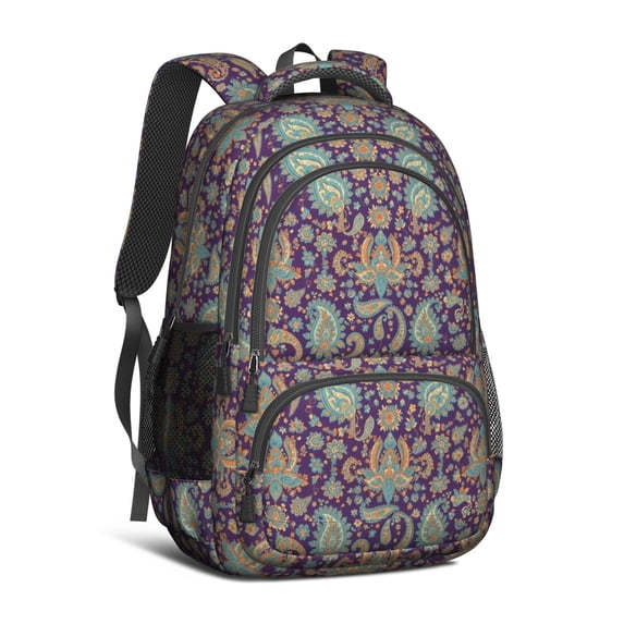 Paisley and Floral Purple Pattern Cute School Backpack Bag with Padded Back and Adjustable Shoulder Straps 16.9 X 12.6 X 5.9 Inches