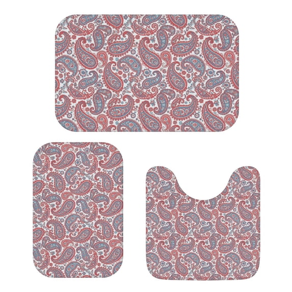Paisley and Floral White Pattern Bathroom Rug Set 3 Piece,Non-Slip Bath Mat Set with U-Shaped Contour and Runner Soft Absorbent Washable