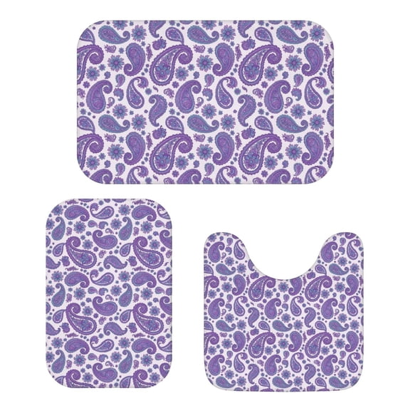 Paisley and Floral White Pattern Bathroom Rug Set 3 Piece,Non-Slip Bath Mat Set with U-Shaped Contour and Runner Soft Absorbent Washable