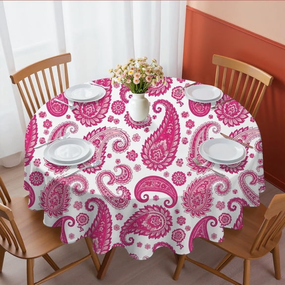 Paisley and Floral White Pattern Round Tablecloth 60"x60", Wrinkle Resistant Wipeable Table Cover for Kitchen Dining Room Picnic Patio and Party