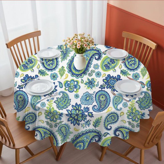 Paisley and Floral White Pattern Round Tablecloth 70"x70", Wrinkle Resistant Wipeable Table Cover for Kitchen Dining Room Picnic Patio and Party