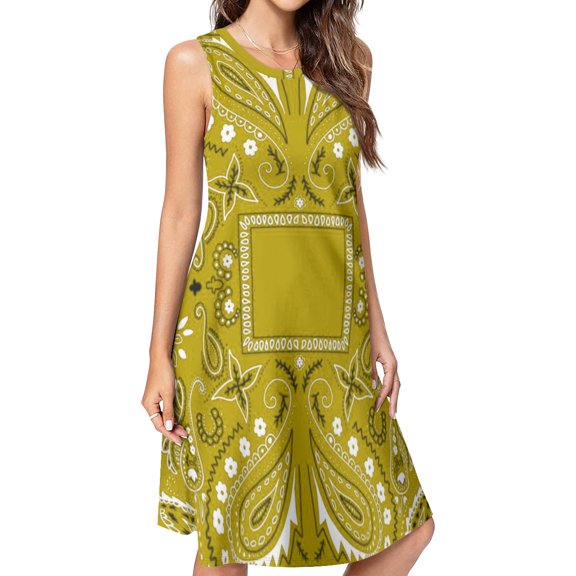 Paisley bandana pattern yellow Spring Summer Dresses for Women Fashion T-shirt Dress Casual Sleeveless Loose Sundress with Pockets