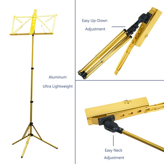 Paititi Brand New Strong Durable Adjustable Folding Music Stand with Carrying Bag-Gold