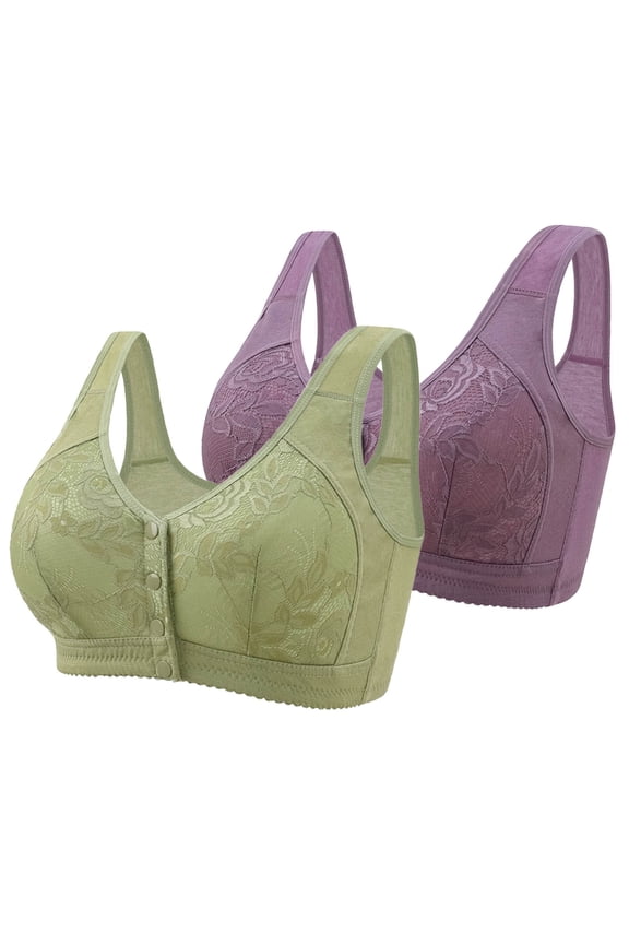 2 Pack Women's Embroidered Front Closure Wirefree Bra, Plus Size Lace Comfort for Everyday Support & Lift