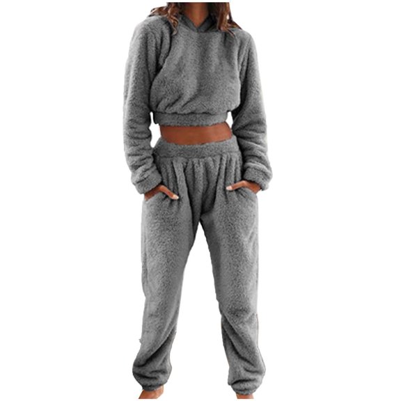 Paiwinds 2-Piece Ladies' Winter Thick Fleece Hooded Pockets Elastic Home Clothes Pajama Set for Cold Weather Home Wear or Sleep with Extra Warmth Design