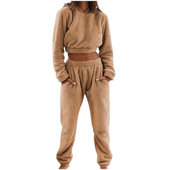 Paiwinds 2-Piece Ladies' Winter Thick Fleece Hooded Pockets Elastic Home Clothes Pajama Set for Cold Weather Home Wear or Sleep with Extra Warmth Design