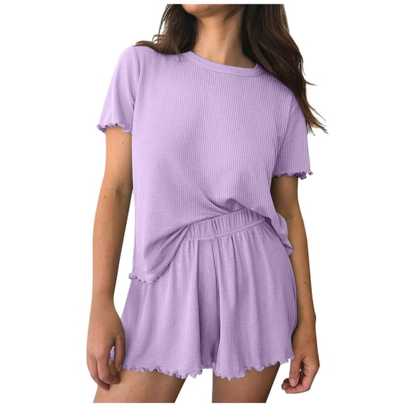 Paiwinds Women's Pajama Set - Printed Short Sleeve Round Neck Top & Shorts with Pockets, Trendy Sleepwear for Home