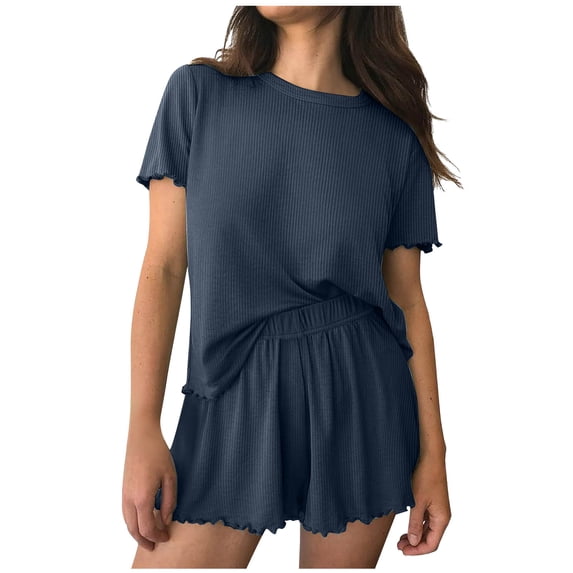 Paiwinds Women's Pajama Set - Printed Short Sleeve Round Neck Top & Shorts with Pockets, Trendy Sleepwear for Home