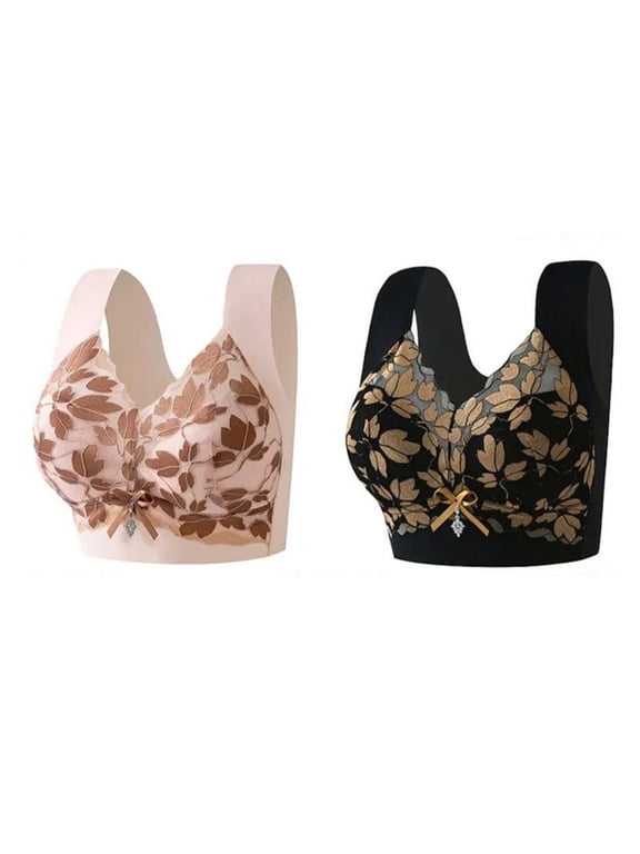 2-Piece Women's Lace Leaf Embroidery Bra Padded Wireless Bralette Tank Top Camisole Anti-Exposure Underwear