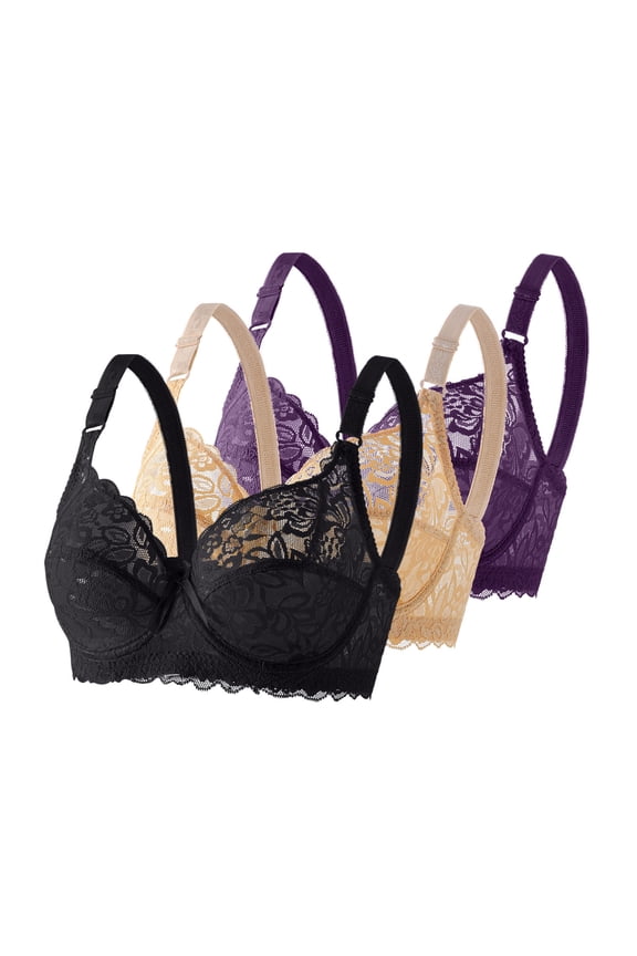 3 Pack Women's Solid Color Lace Underwire Bra, Plus Size European Alluring Thin Breathable Support for Everyday Wear
