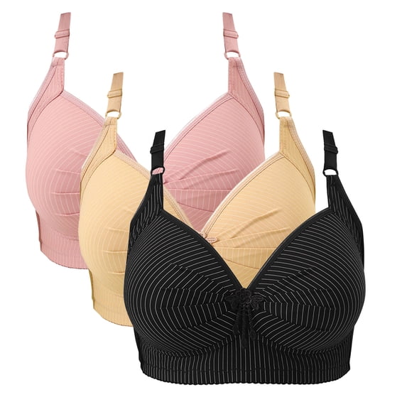 Paiwinds 3 Pack Women's Wirefree Everyday Bra, Seamless Breathable Gathered Comfort for Plus Size, Stripe Design Bralette