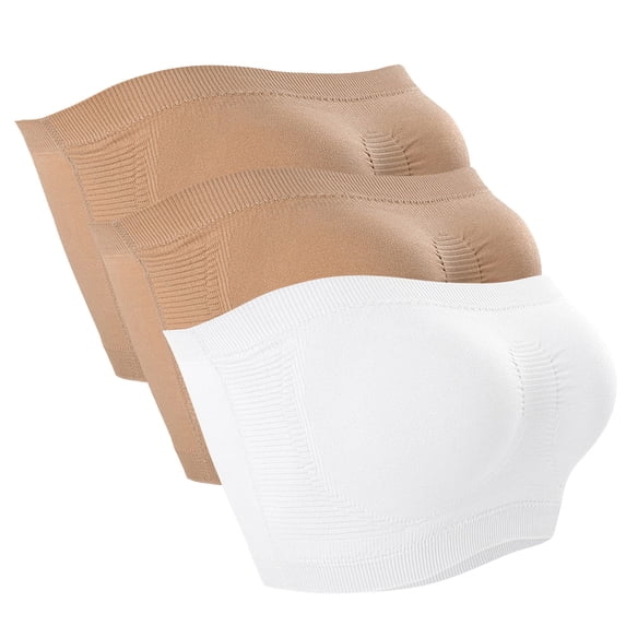 Paiwinds Women's Strapless Bra - 3-Pack Seamless Wirefree Bandeau Bra with Light Padding, Comfortable No-Slip Underwear for Daily Wear & Off-Shoulder Tops