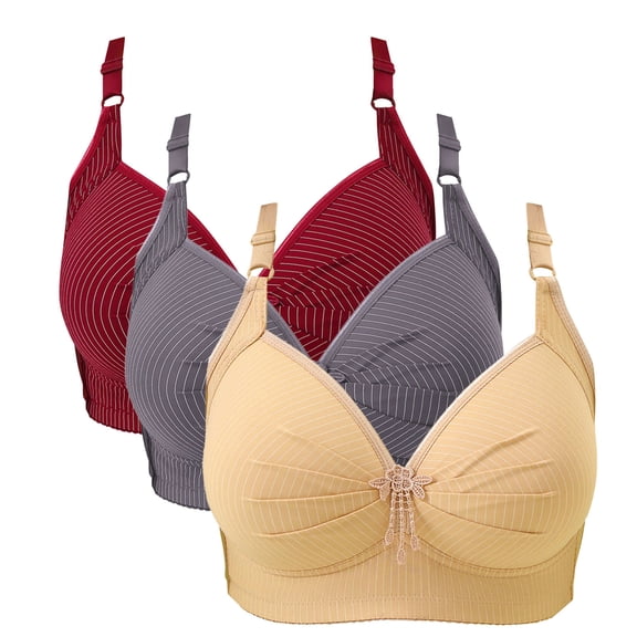 Paiwinds Wireless Bras for Women 3-Pieces Stripe Gathered Large Size Daily Underwear No Rims B C Cup Comfort Everyday, Size 36BC-50BC