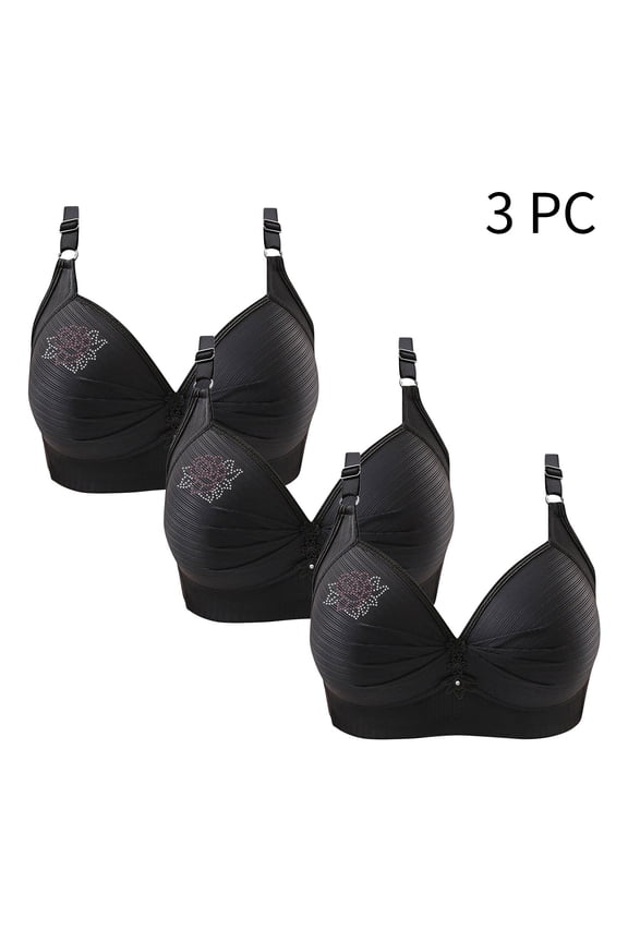 Women's Wirefree Printed Bra - Comfortable Gathered Bralette for Plus Size, 3-Piece Set for Everyday Support