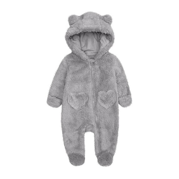 Paiwinds Baby Fleece Jumpsuit Infant Hooded Bodysuit Winter Warm Zip-Up Romper with Pocket for Newborn Boys Girls 0-12 Months
