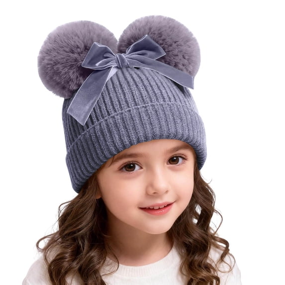 Paiwinds Baby Girls Knitted Beanie Hat with Double Pom Pom Bow, Winter Warm Toddler Hat for 6-36 Months, Soft Thick Knit Cap for Cold Weather Outdoor Activities
