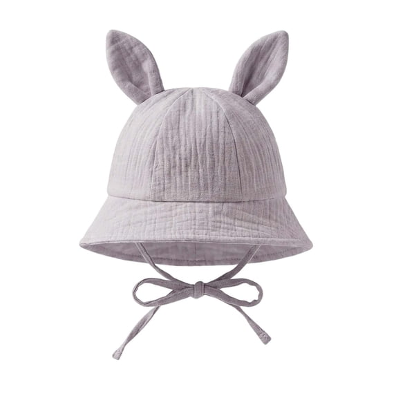 Paiwinds Baby Sun Hat 0-3 Years, Cute Rabbit Ear Cotton Bucket Hat, Breathable Summer Fisherman Cap with Chin Strap for Toddler Girls Boys, Solid Color UV Protection Beach Hat