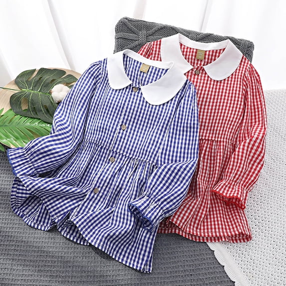 Paiwinds Back to School Girls Shirt Dress Peter Pan Collar Long Sleeve Checkered Dress Casual School Uniform Regular Fit Dress for Girls