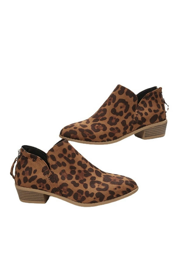 Boots for Women, Autumn and Winter Women's Shoes European and American Low Heel Leopard Print Short Tube Women's Boots Coffee"
