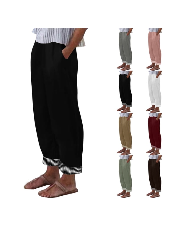 Casual Women's Palazzo Pants Relaxed Fit Elastic Waist Pants Cuffed Hem Pull-On Wide Leg Trousers Boho Style Lightweight Summer Essentials for Women