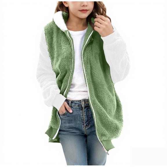 Paiwinds Children's Color Block Sherpa Jacket, Full Zip Hooded Coat for Girls 5-14 Years, Fashionable Multi-Color Design with Soft Lining for Fall