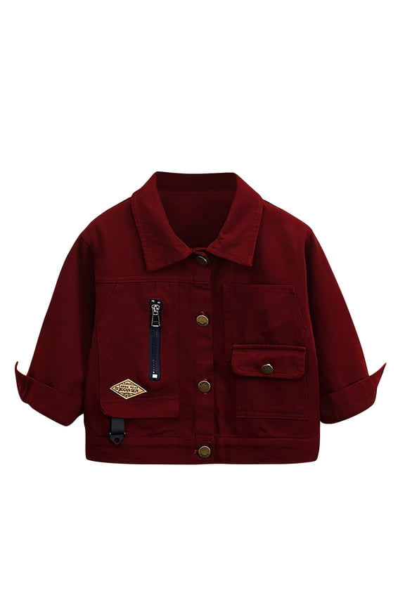 Children's Denim Collar Cardigan with Snap Closure Design and Button Pocket Details, Casual Long Sleeve Top for Boys Girls with Versatile Styling Options