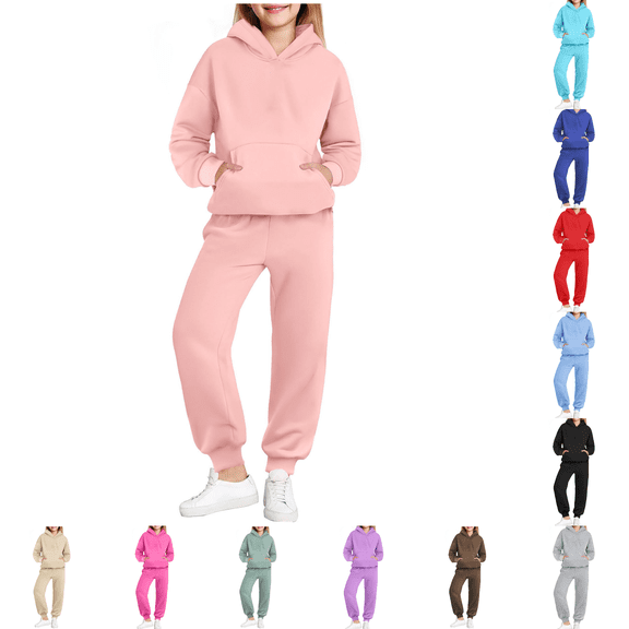 Paiwinds Children's Hooded Sweatshirt Set, Solid Color Long Sleeve Top and Leg Tied Sweatpants, Casual Sports Two-Piece Outfit, Fall Winter Clothing, Warm and Comfortable