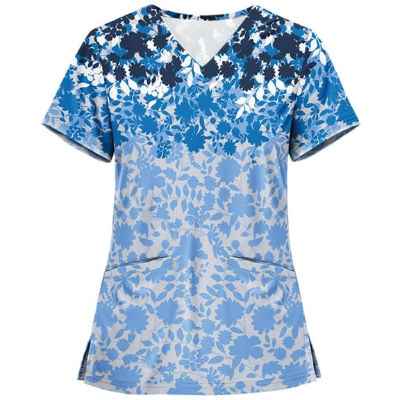 Paiwinds Women Scrubs Tops with Pocket Short Sleeve V-neck Nurse Tops Printed Working Uniform Blouse Working Tops Blue,S"