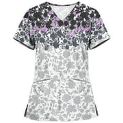 Paiwinds Clearance Women Scrubs Tops with Pocket Short Sleeve V-neck Nurse Tops Printed Working Uniform Blouse Working Tops Gray,3XL"