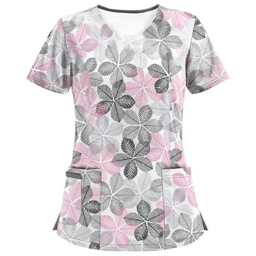 Paiwinds Clearance Women Scrubs Tops with Pocket Short Sleeve V-neck Nurse Tops Printed Working Uniform Blouse Working Tops White,XL