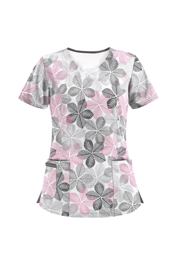 Paiwinds Clearance Women Scrubs Tops with Pocket Short Sleeve V-neck Nurse Tops Printed Working Uniform Blouse Working Tops White,XL