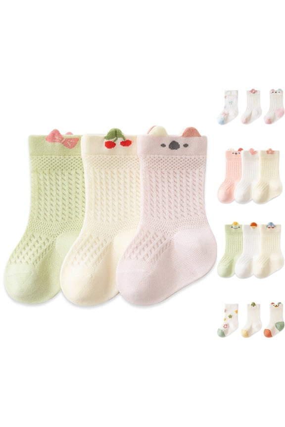 Cute Mesh Tube Socks For Toddlers 0-5 Years Soft Cotton Breathable Non-Slip Baby Socks With Bow Cherry Cat Ear Design