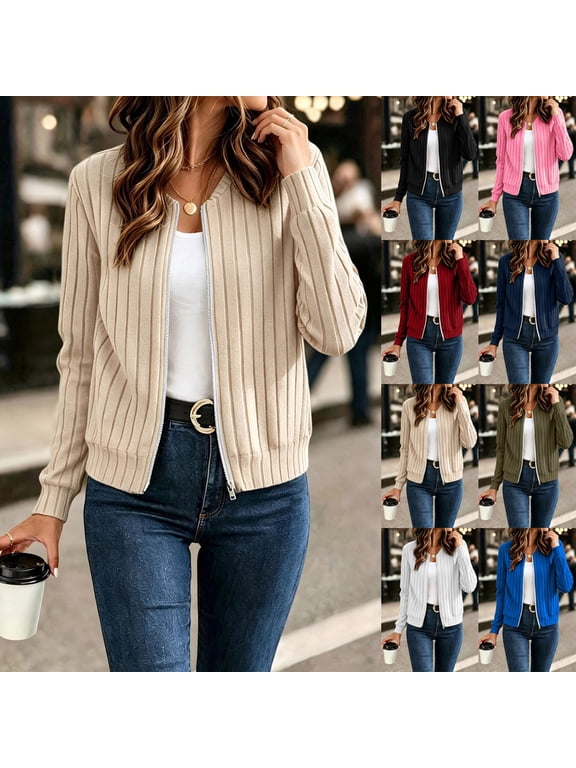 Fall Spring Knit Bomber Jacket for Women Full Zip Up Long Sleeve Slim Fit Stretchable Casual Athleisure Cardigan Stylish Lightweight Outerwear