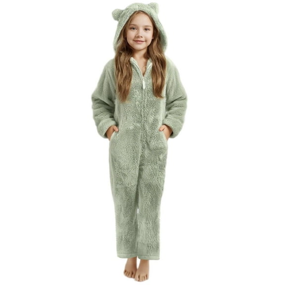 Paiwinds Girls Fleece Hooded Romper Pajamas Long Sleeve Winter Warm with Pocket for Ages 5-15