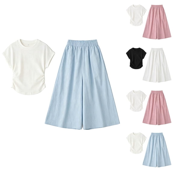 Paiwinds Girls Kids Summer Solid Color Outfit Short Sleeve T-Shirt And Long Pants Two-Piece Set Casual Comfortable