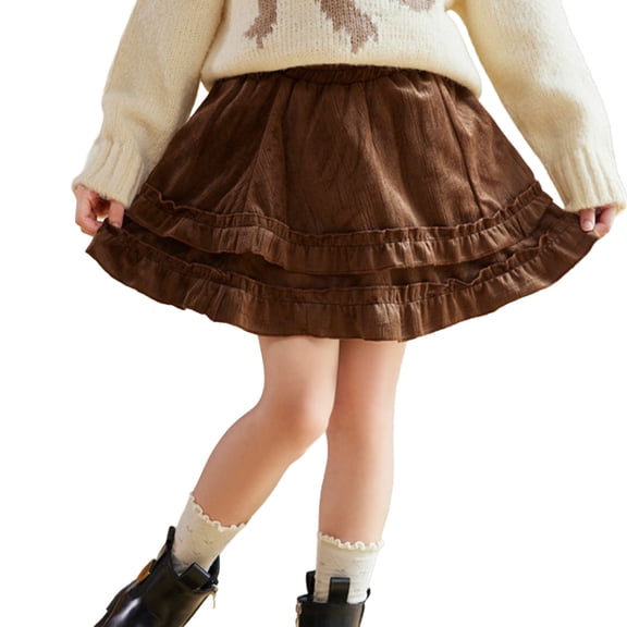 Paiwinds Girls Kids Velvet Tiered Ruffle Skirt Solid Color Princess Party Dance Performance Casual Wear Fall Winter A-Line Skirt Age 3-14 Years