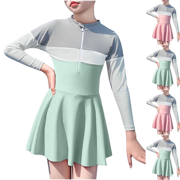 Paiwinds Girls Long Sleeve Swim Dress with Half Zip & Skirt Style, Sun Protection Nylon Spandex Swimsuit for Beach Pool Summer 2-12 Years