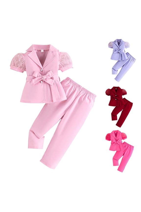Girls Mesh Suit Jacket and Pants Set - Short Sleeve Lapel Collar Blouse with Button Front, Elastic Waist Pants, Soft Nylon Spandex, Stylish Outfit for Parties