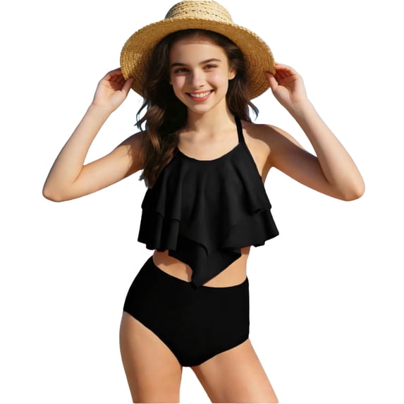 Paiwinds Girls Ruched Tankini Set, Fashionable Two-Piece Swimsuit, Quick-Dry Nylon Spandex, Trendy Swimwear in Multiple Colors for Beach & Pool, Ages 7-14