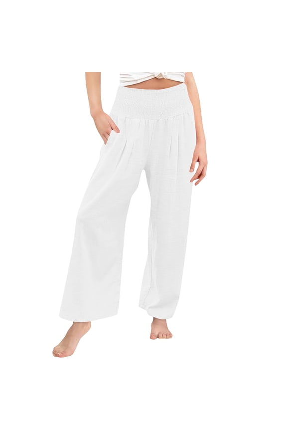 Girls' Smocked High Waist Wide Leg Pants 4-14 Years, Summer Linen-Like Casual Trousers with Pockets, Flowy Breathable Long Pants for Kids, Comfortable Loose Fit for School & Play