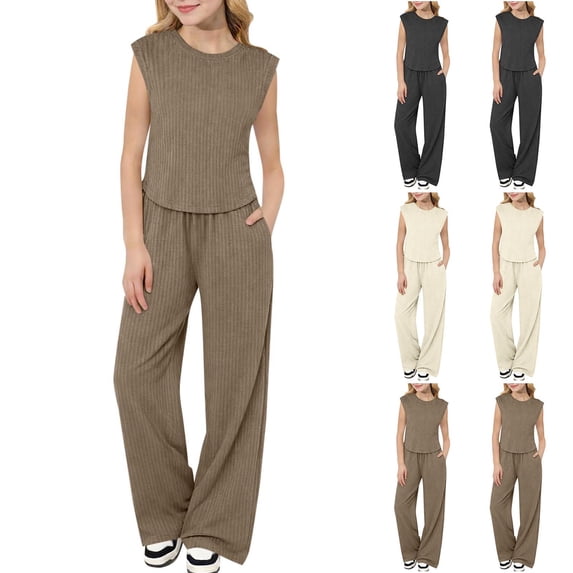 Paiwinds Girls' Solid Color Ice Silk Sleeveless Tank Top & Pants Set – Soft Ribbed Summer Lounge Outfits for 2-10 Years, C Casual Loose Two-Piece Comfy Wear