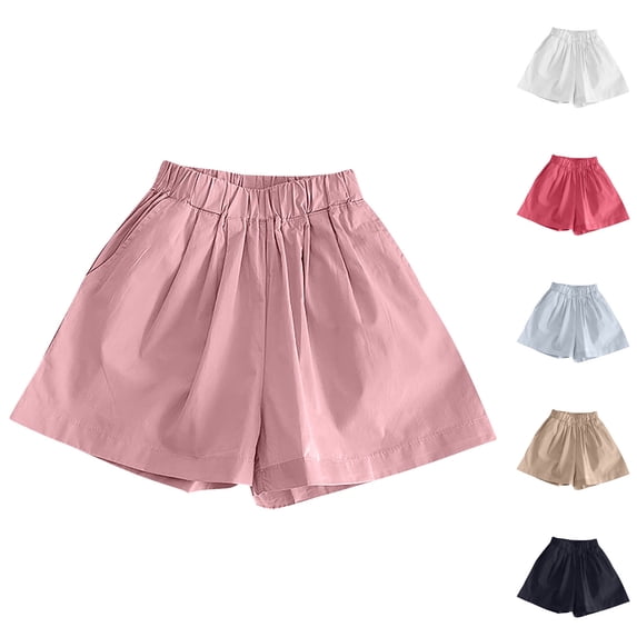 Paiwinds Girls Summer Fashion Solid Color Loose Wide Leg Shorts Soft Cotton Elastic Waist Casual Kids Pants