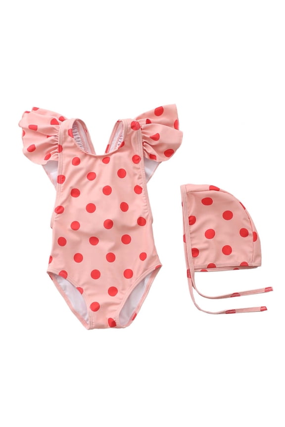 Girls Summer Print Flutter Sleeve Swimsuit with Hat, Soft Matte Polyester, Cute & Comfortable, for Beach Pool 6M-5 Years