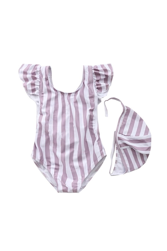 Girls Summer Print Flutter Sleeve Swimsuit with Hat, Soft Matte Polyester, Cute & Comfortable, for Beach Pool 6M-5 Years