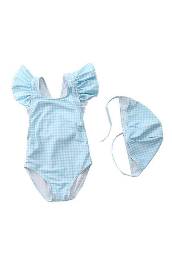 Girls Summer Print Flutter Sleeve Swimsuit with Hat, Soft Matte Polyester, Cute & Comfortable, for Beach Pool 6M-5 Years