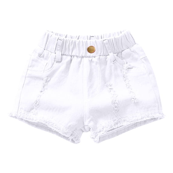Paiwinds Kids Girls Fashionable Versatile Solid Color Ripped Denim Shorts with Button Pocket Elastic Waist